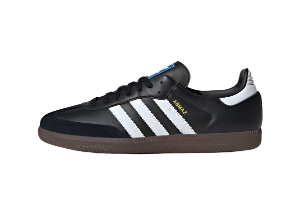 Side view of adidas Samba OG in black and white with gum sole
