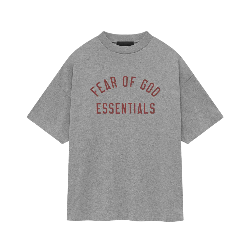 Front view of Fear of God Essentials Jersey Crewneck Tee in Dark Heather