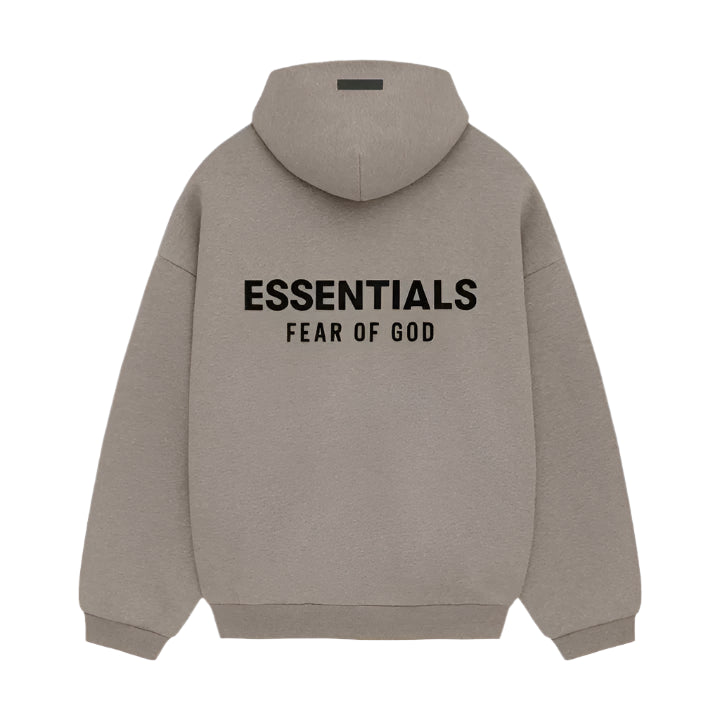 Back view of Heather Gray Essentials Hoodie with branding