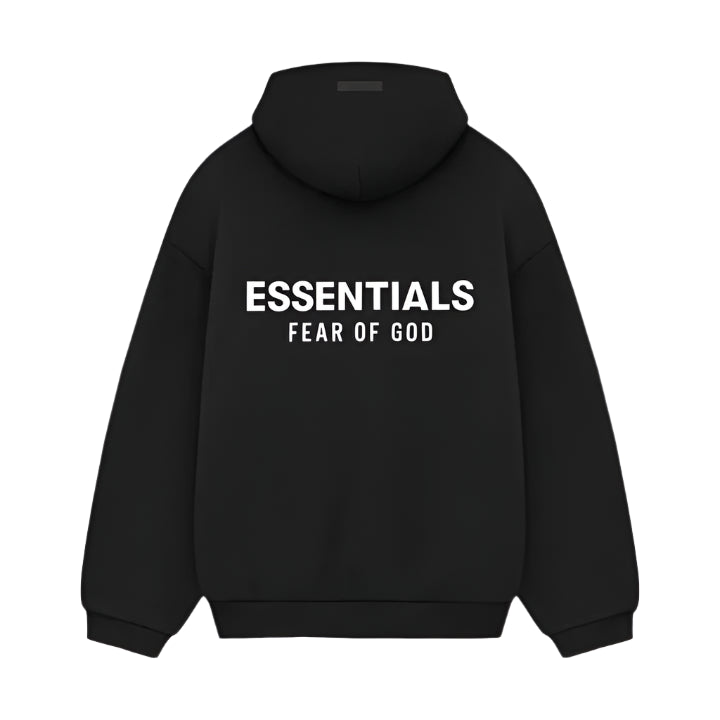 Back view showing hood and Essentials logo of the black hoodie