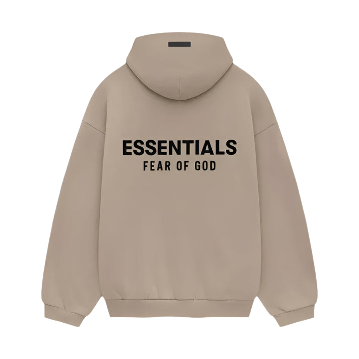 Back view showing logo and hood of Desert Sand Essentials hoodie