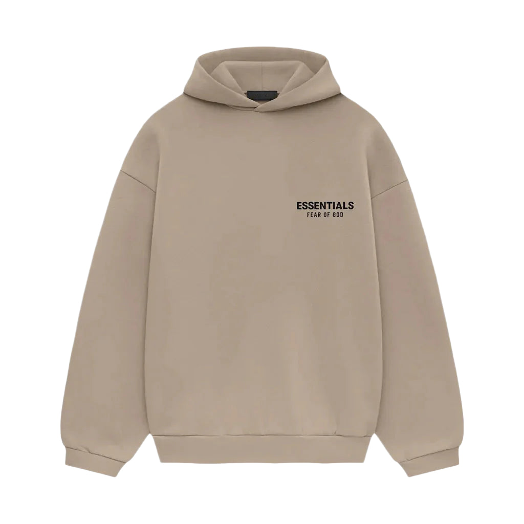 Front view of Fear of God Essentials Fleece Hoodie in Desert Sand