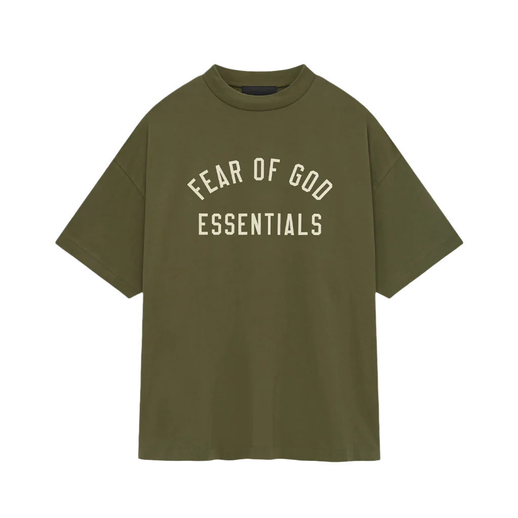 Front view of Fear of God Essentials Jersey Tee in Military Green