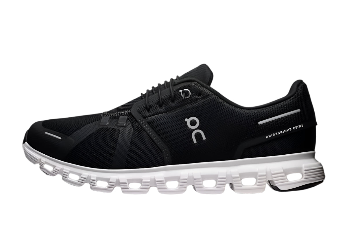 Side view of On Cloud 6 Black White running shoes