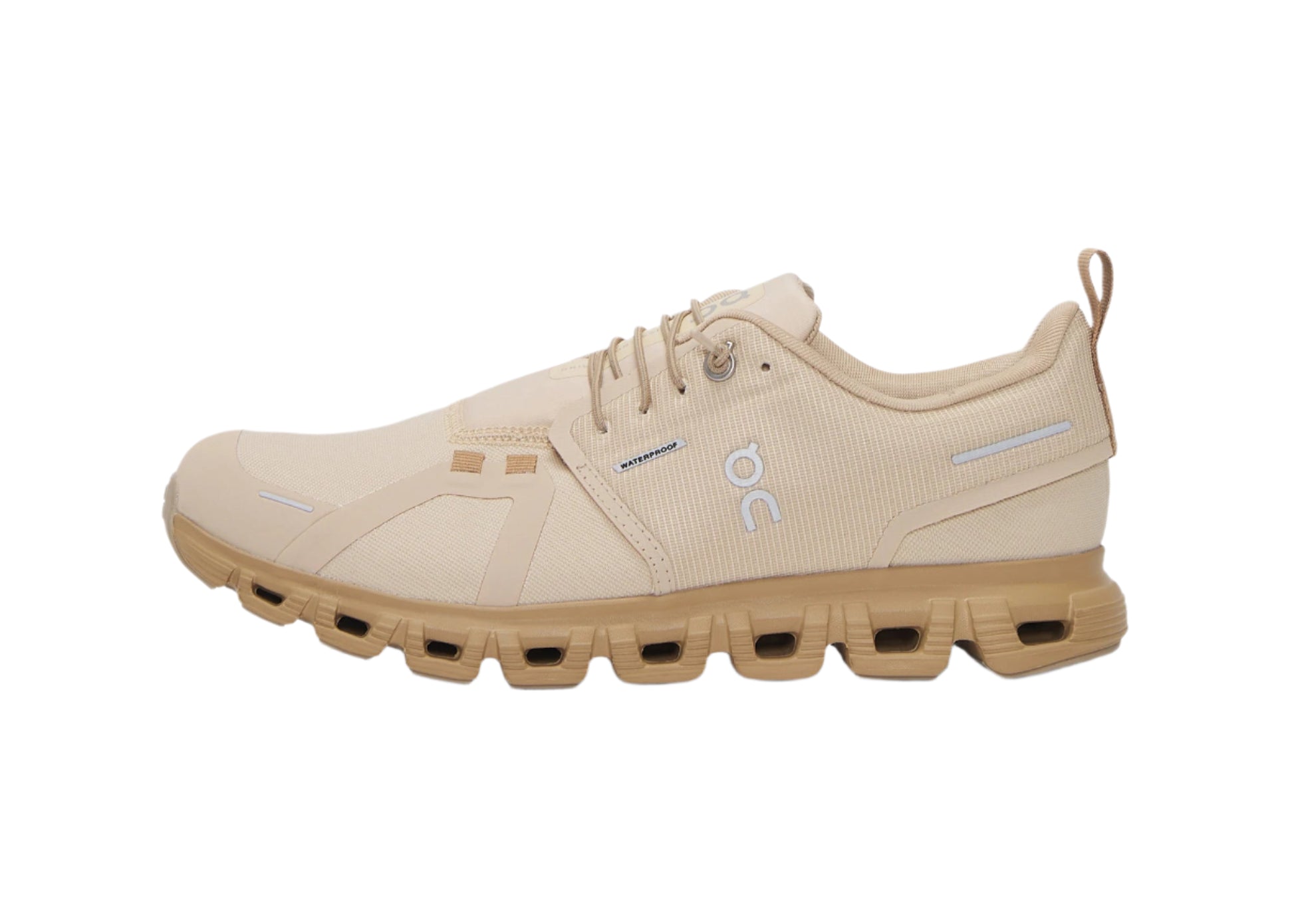 Side view of On Cloud 6 Waterproof in Sand Dune colorway