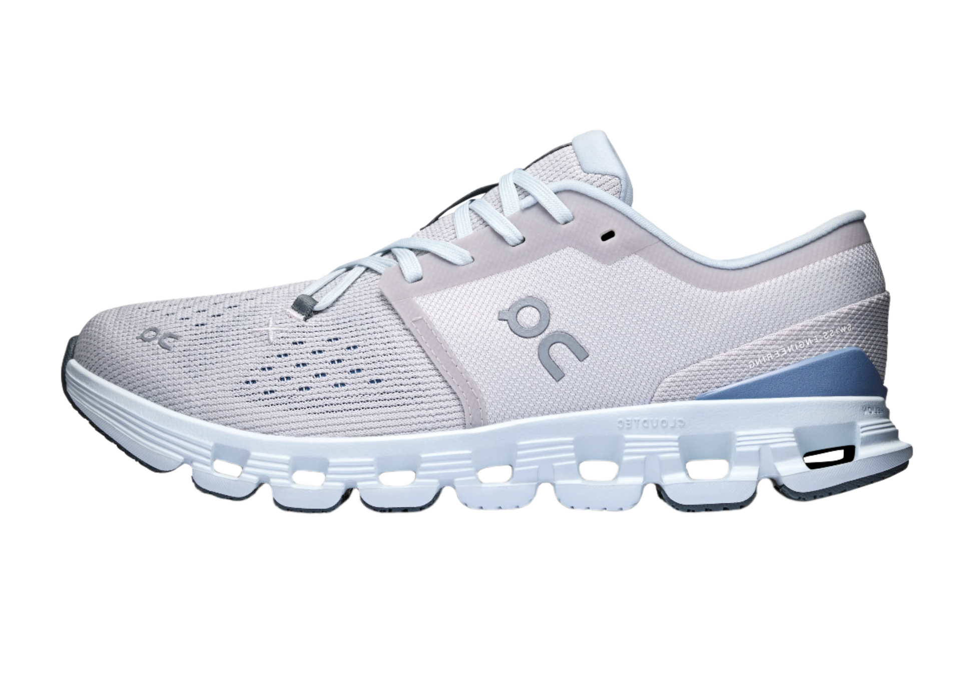 Side view of On Cloud X4 Silver Chambray training shoe