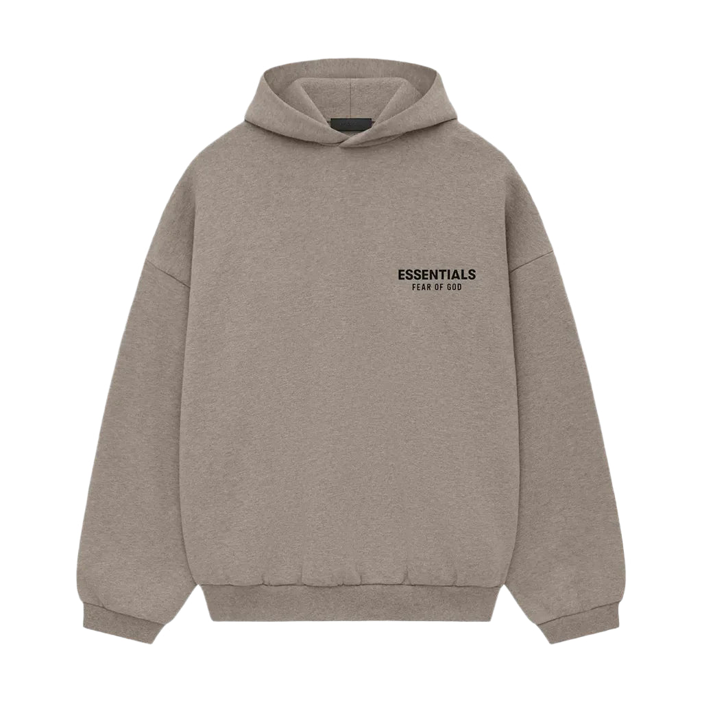 	Front view of Fear of God Essentials Fleece Hoodie in Heather Gray