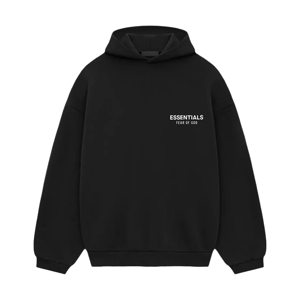 Front view of Fear of God Essentials Fleece Hoodie in Black