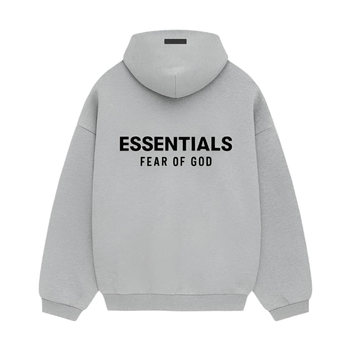 Back of Fear of God Essentials Light Heather Gray hoodie