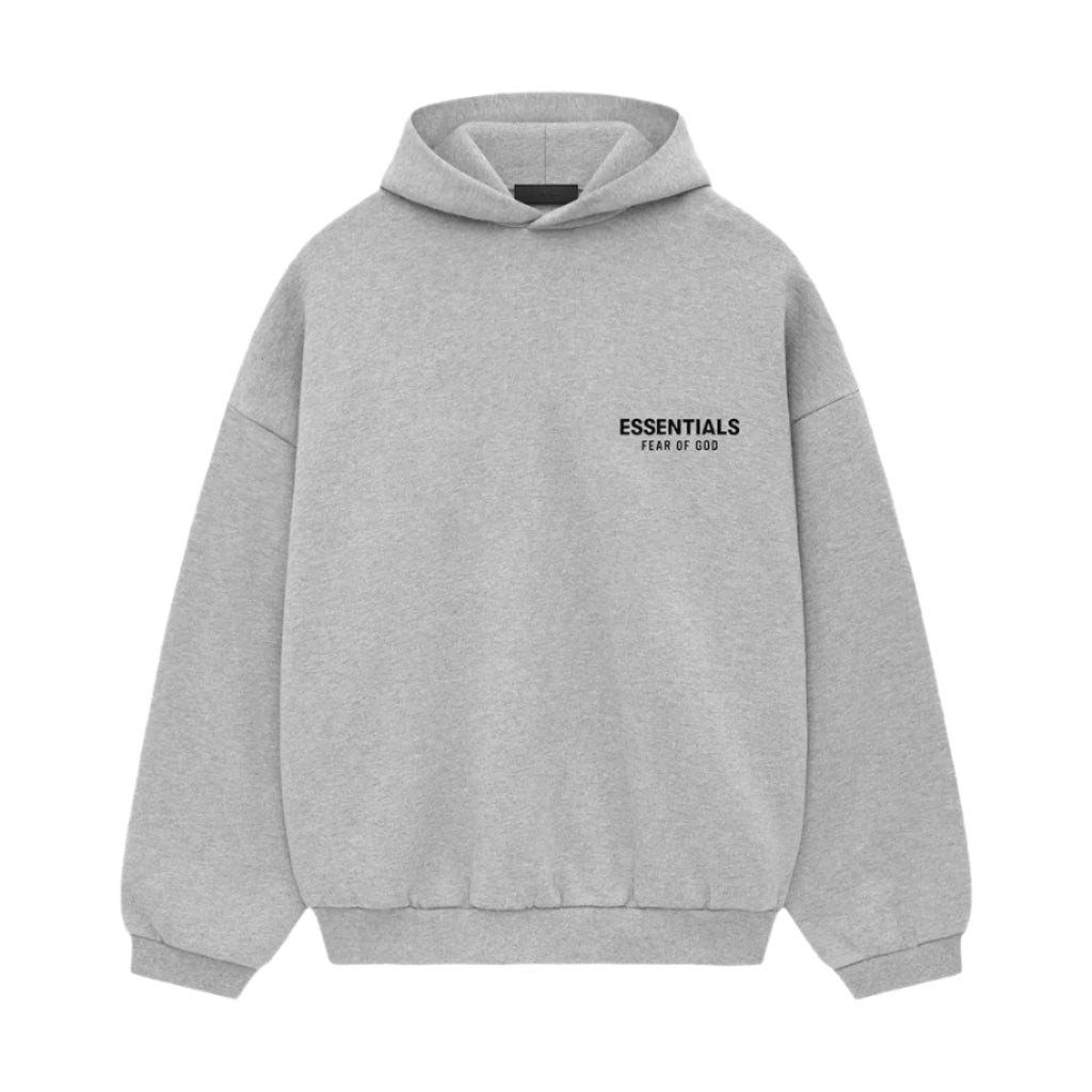 	Front view of Fear of God Essentials hoodie in Light Heather Gray
