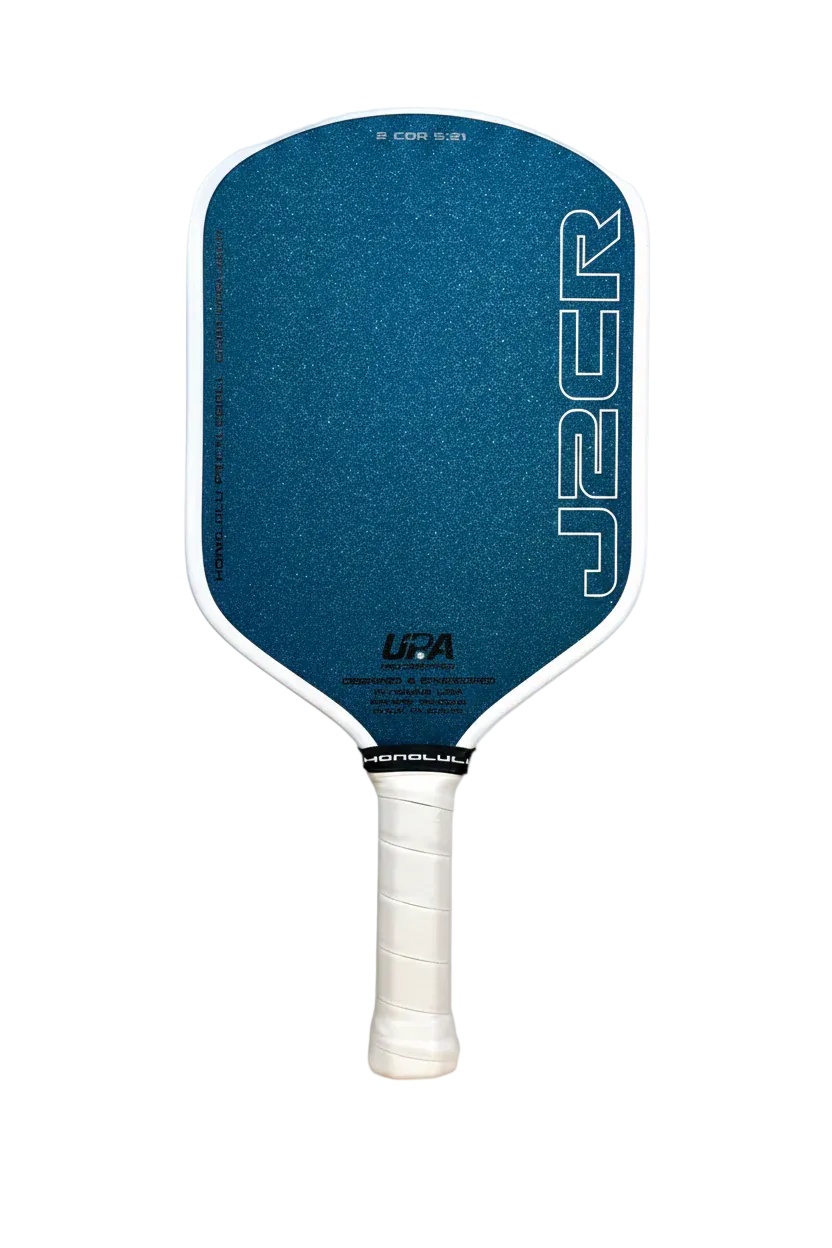 Honolulu J2CR Crystal Blue Endurance Grit 16mm Hybrid Pickleball Paddle White Front View
