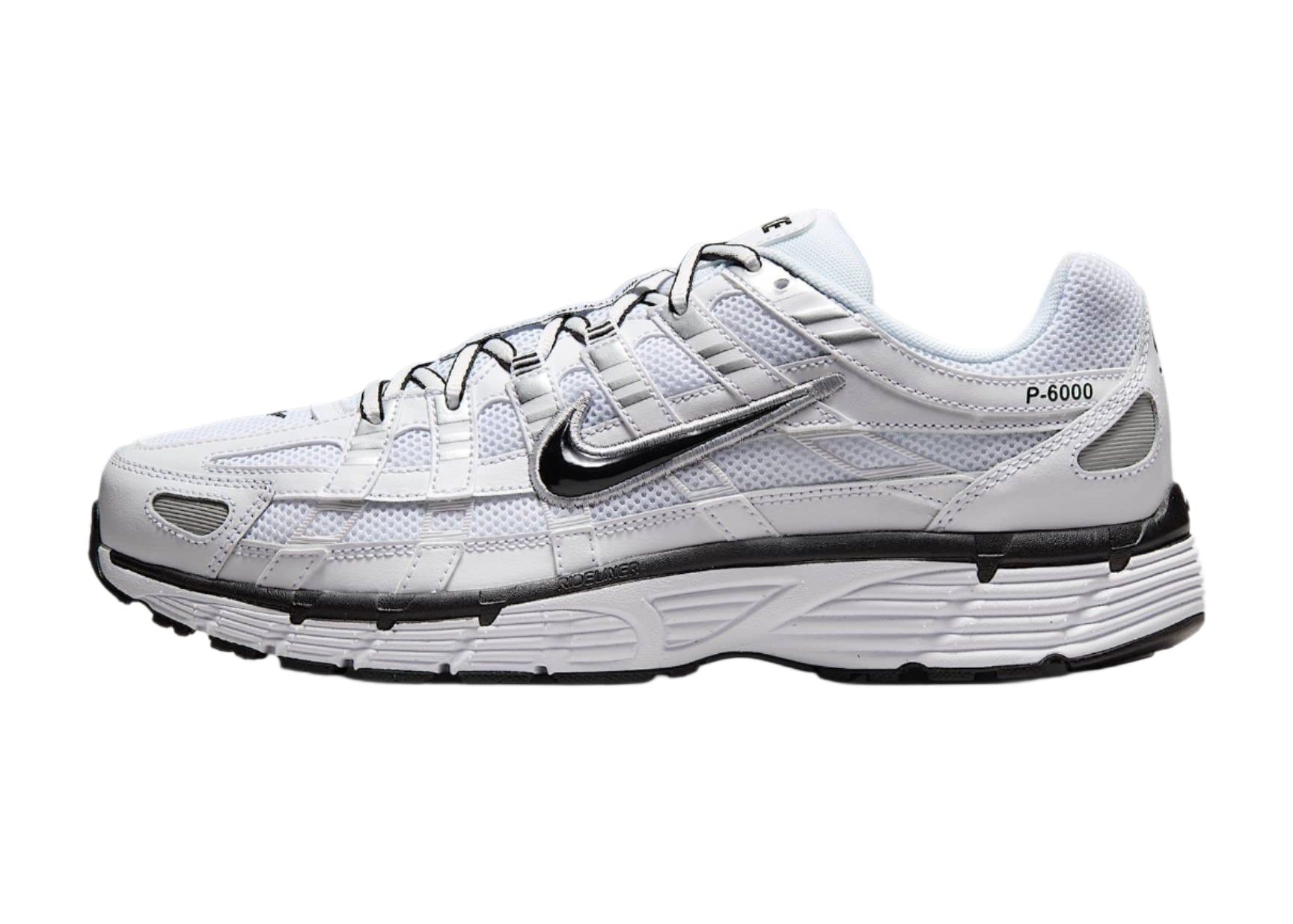 Side profile of Nike P-6000 CD6404-107 in white and silver