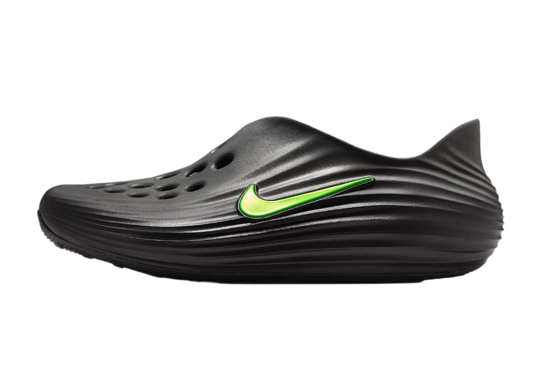 Side view of Nike ReactX Rejuven8 Slide Black Green HV5060-003