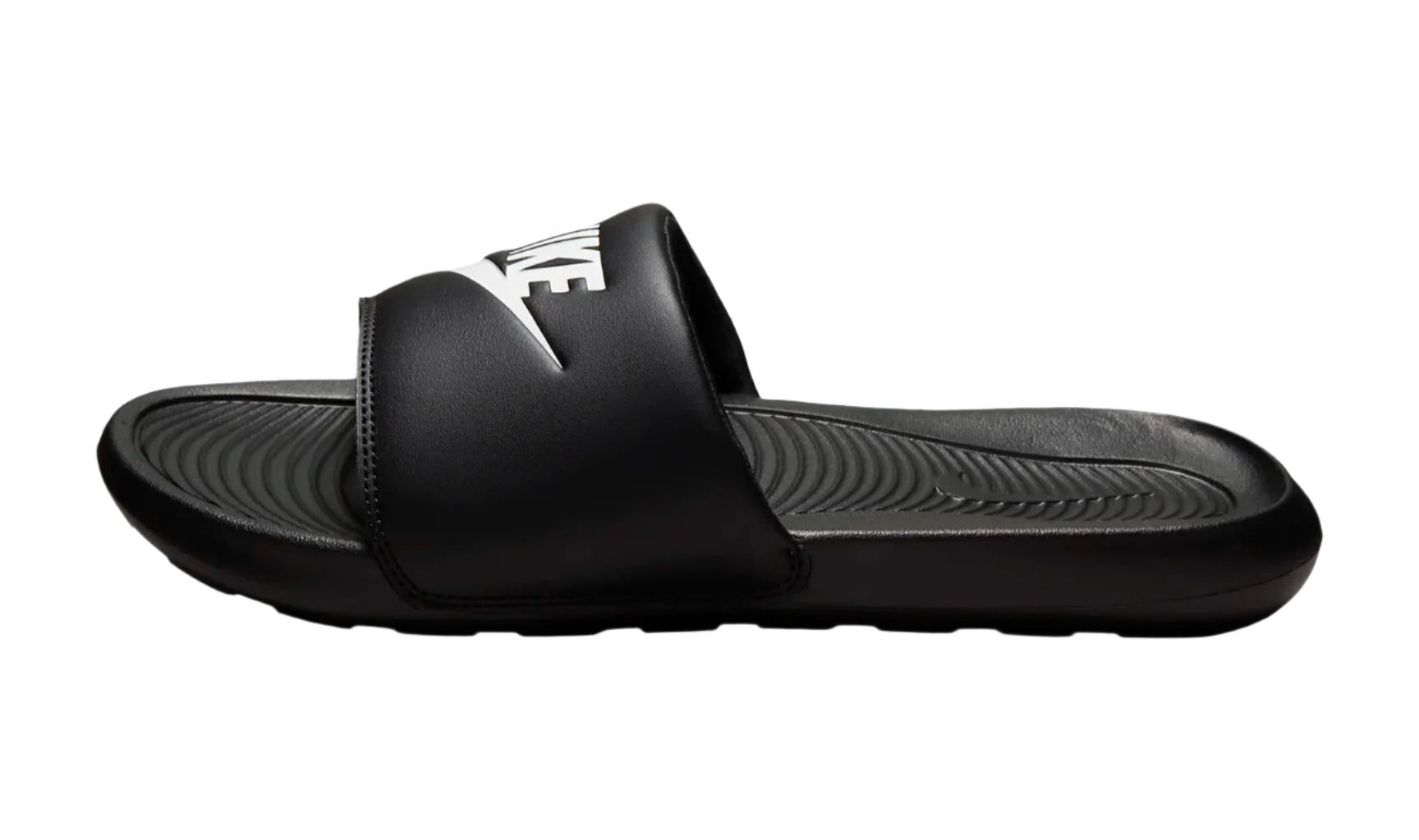 Side view of Nike Victori Slides in Black