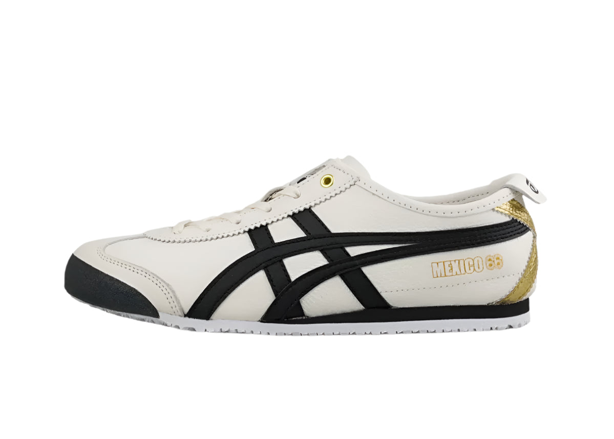 Side view of Onitsuka Tiger Mexico 66 in Black Metallic Gold leather sneakers